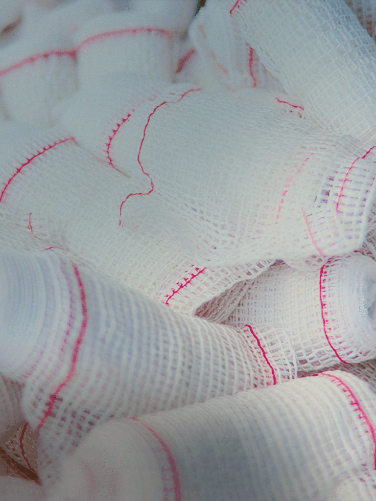 Rolos de atadura sendo fabricados