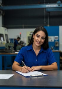 Mulher fazendo checklist industrial