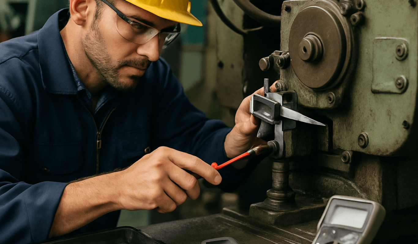 Mecânico fazendo manutenção em uma máqina industrial